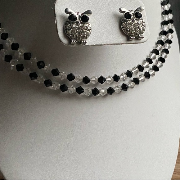 Vintage- Jet & Rock Crystal Double Strand Necklace w/ Owl Crystal Earrings - Picture 2 of 16